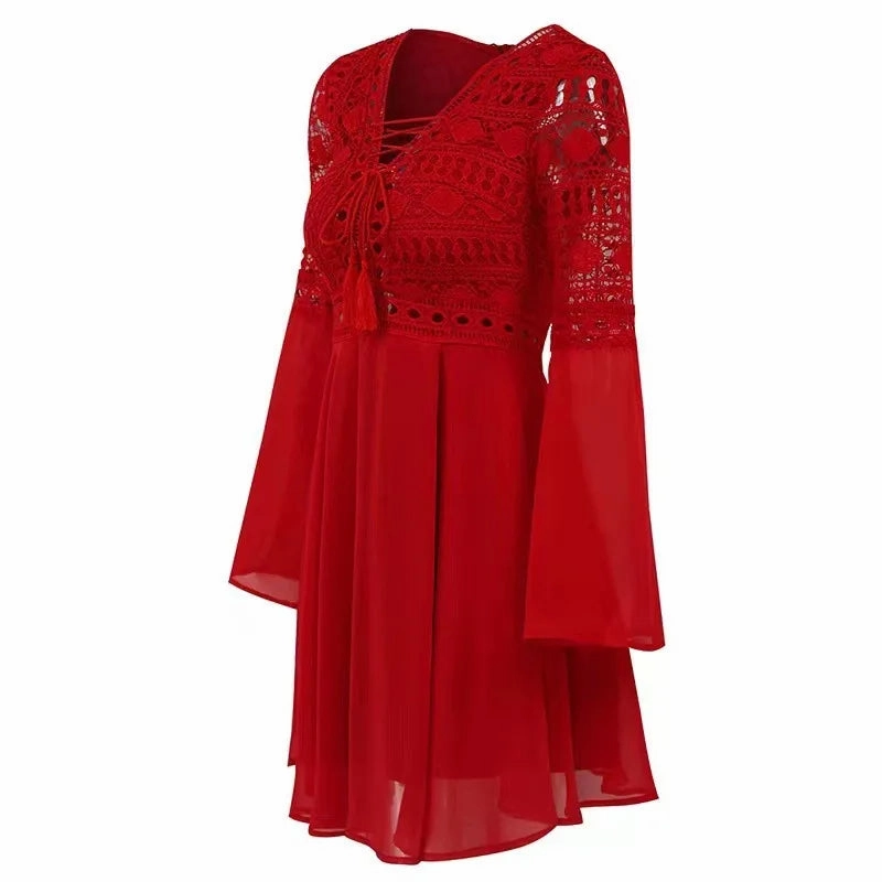 Women's A Line Dress Short Mini Dress Long Sleeve Ruffle V Neck