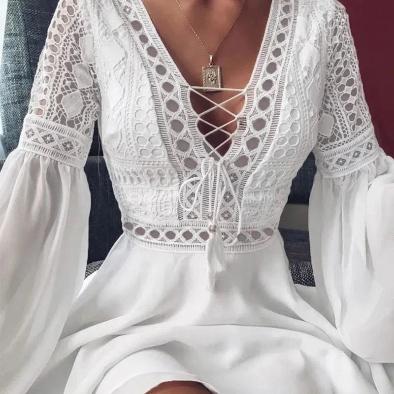 Women's A Line Dress Short Mini Dress Long Sleeve Ruffle V Neck