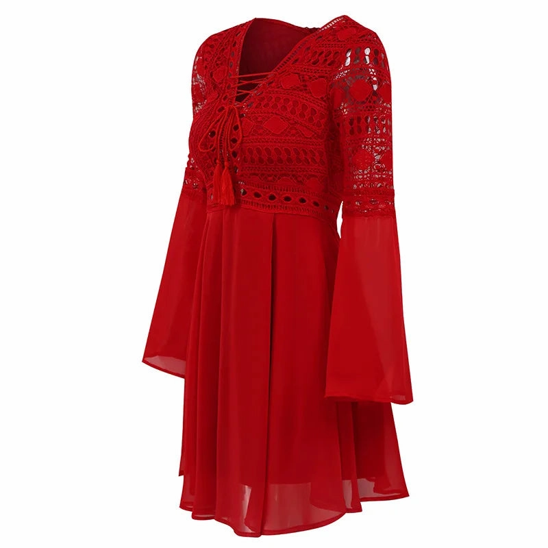 Women's A Line Dress Short Mini Dress Long Sleeve Ruffle V Neck