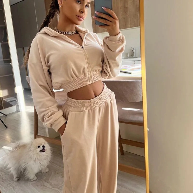 Women's Autumn Leisure Sports Suit Set Long Sleeve Zipper Hoodie and Elastic Pants Casual Two Piece Outfit