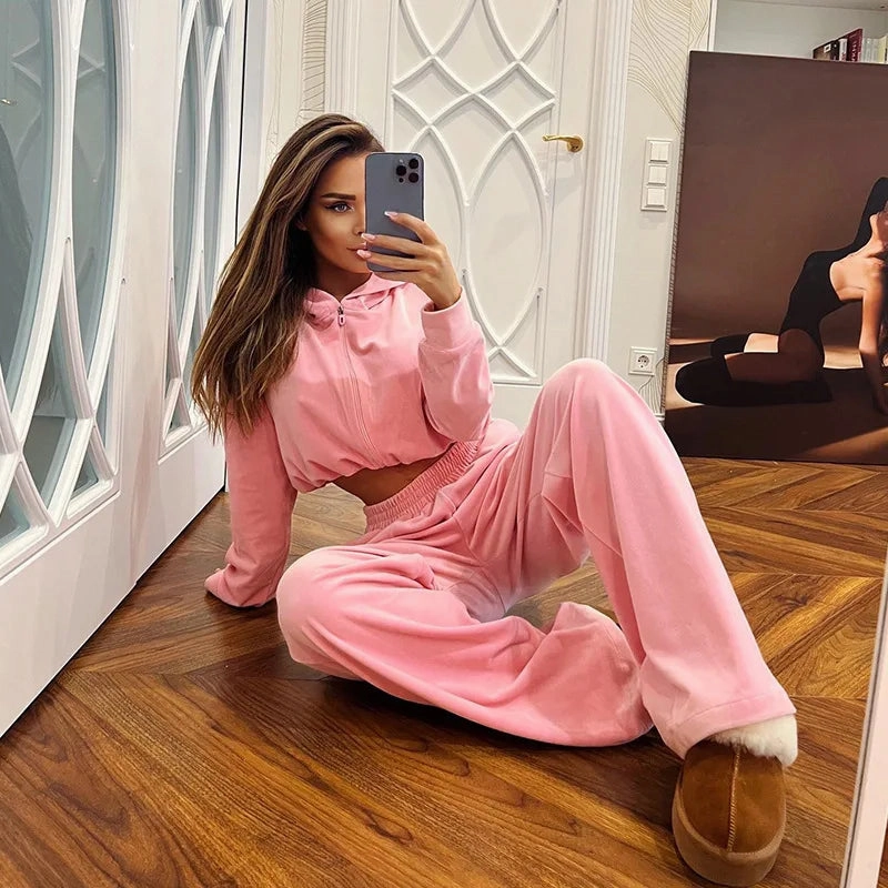 Women's Autumn Leisure Sports Suit Set Long Sleeve Zipper Hoodie and Elastic Pants Casual Two Piece Outfit