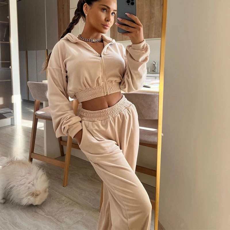 Women's Autumn Leisure Sports Suit Set Long Sleeve Zipper Hoodie and Elastic Pants Casual Two Piece Outfit