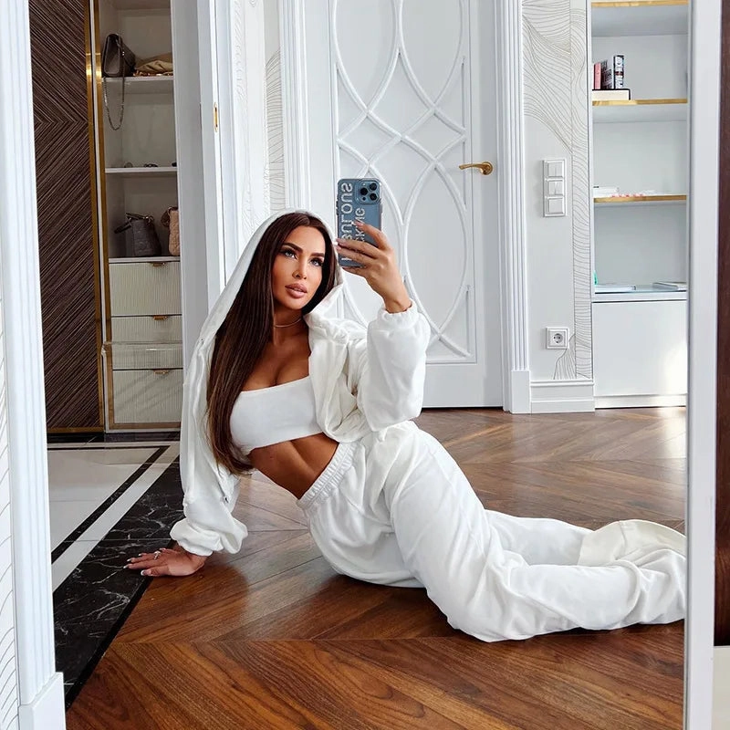 Women's Autumn Leisure Sports Suit Set Long Sleeve Zipper Hoodie and Elastic Pants Casual Two Piece Outfit