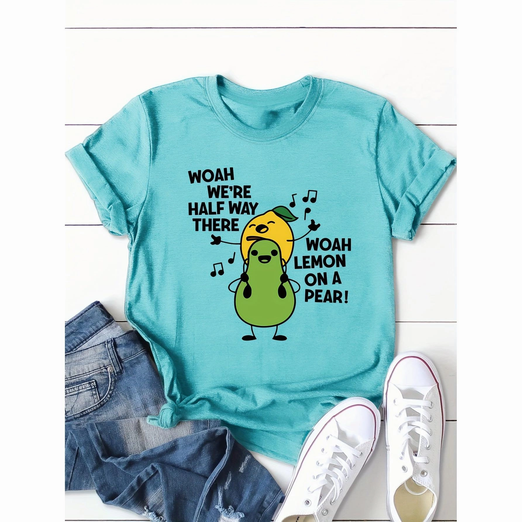 Women's Cartoon Fruit Print T-Shirt - Short Sleeve Fun Top