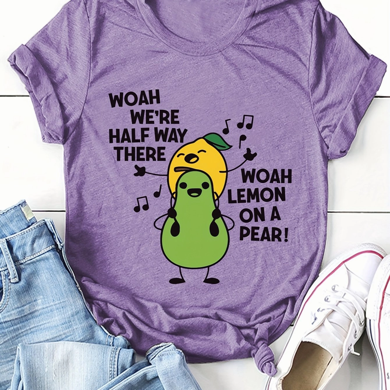 Women's Cartoon Fruit Print T-Shirt - Short Sleeve Fun Top