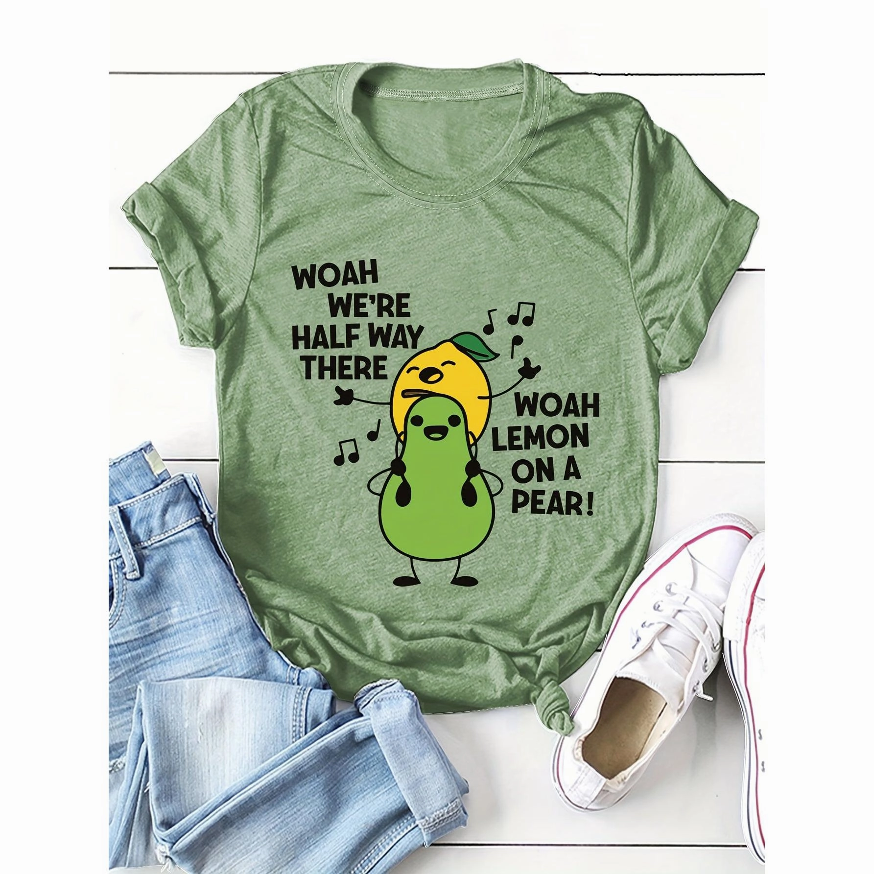 Women's Cartoon Fruit Print T-Shirt - Short Sleeve Fun Top
