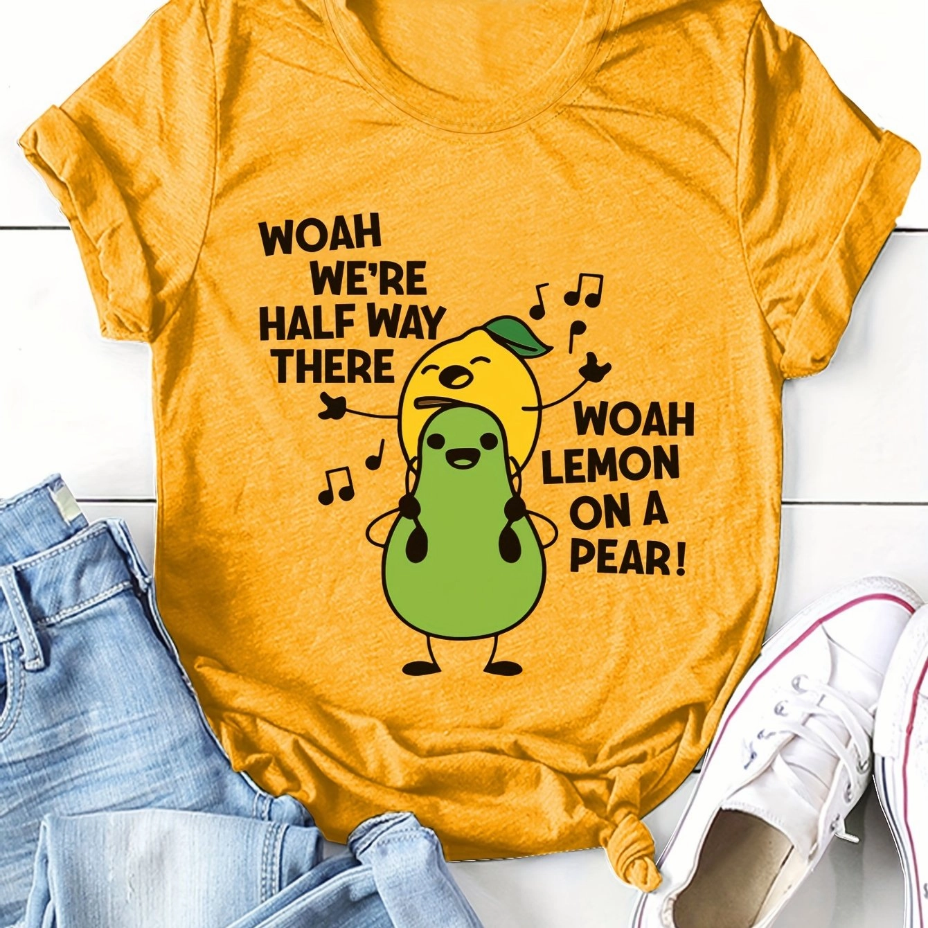 Women's Cartoon Fruit Print T-Shirt - Short Sleeve Fun Top