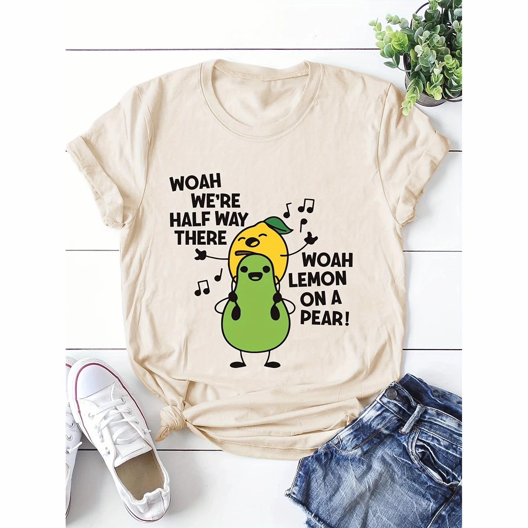 Women's Cartoon Fruit Print T-Shirt - Short Sleeve Fun Top