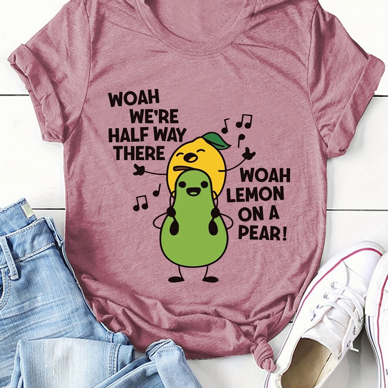 Women's Cartoon Fruit Print T-Shirt - Short Sleeve Fun Top