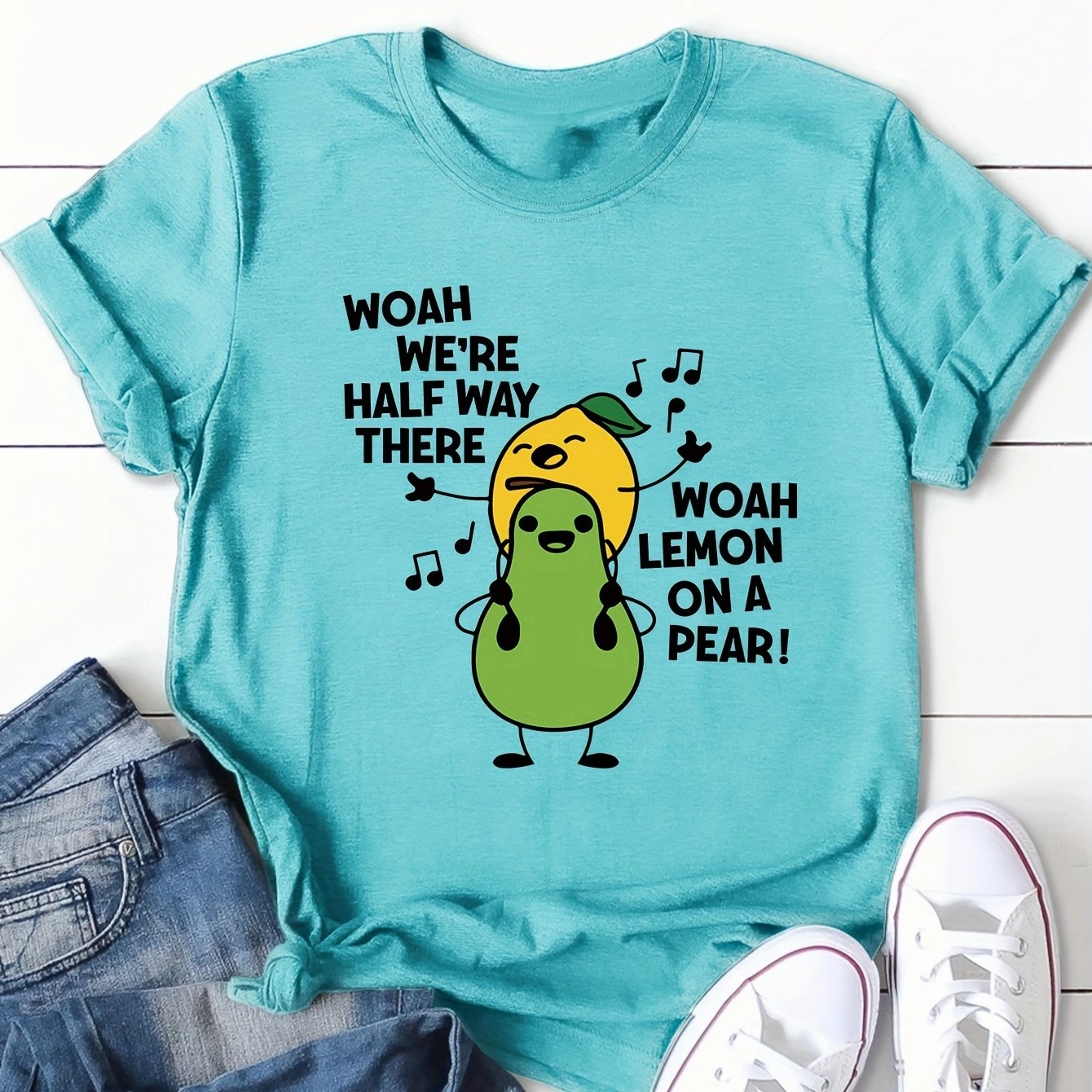 Women's Cartoon Fruit Print T-Shirt - Short Sleeve Fun Top
