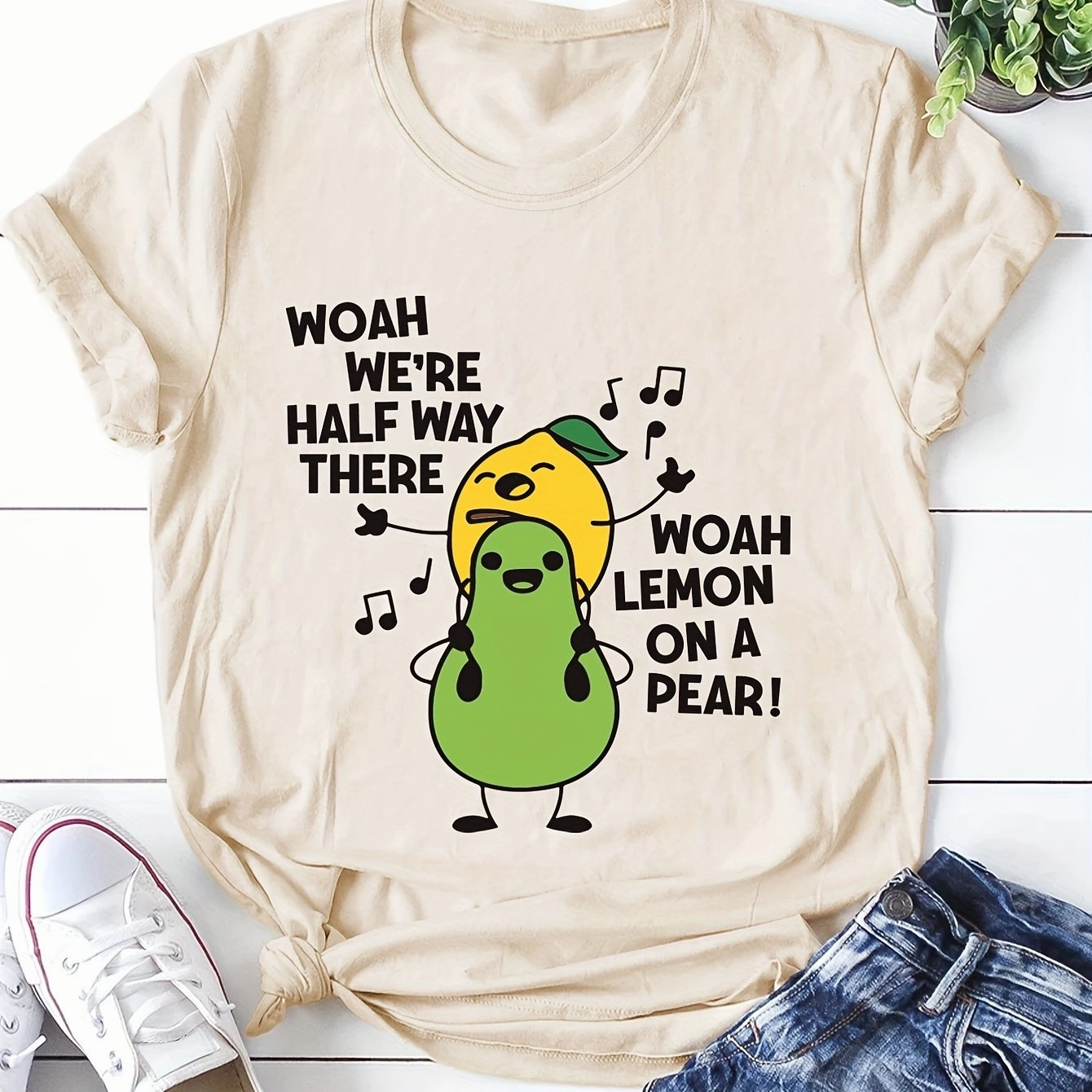Women's Cartoon Fruit Print T-Shirt - Short Sleeve Fun Top