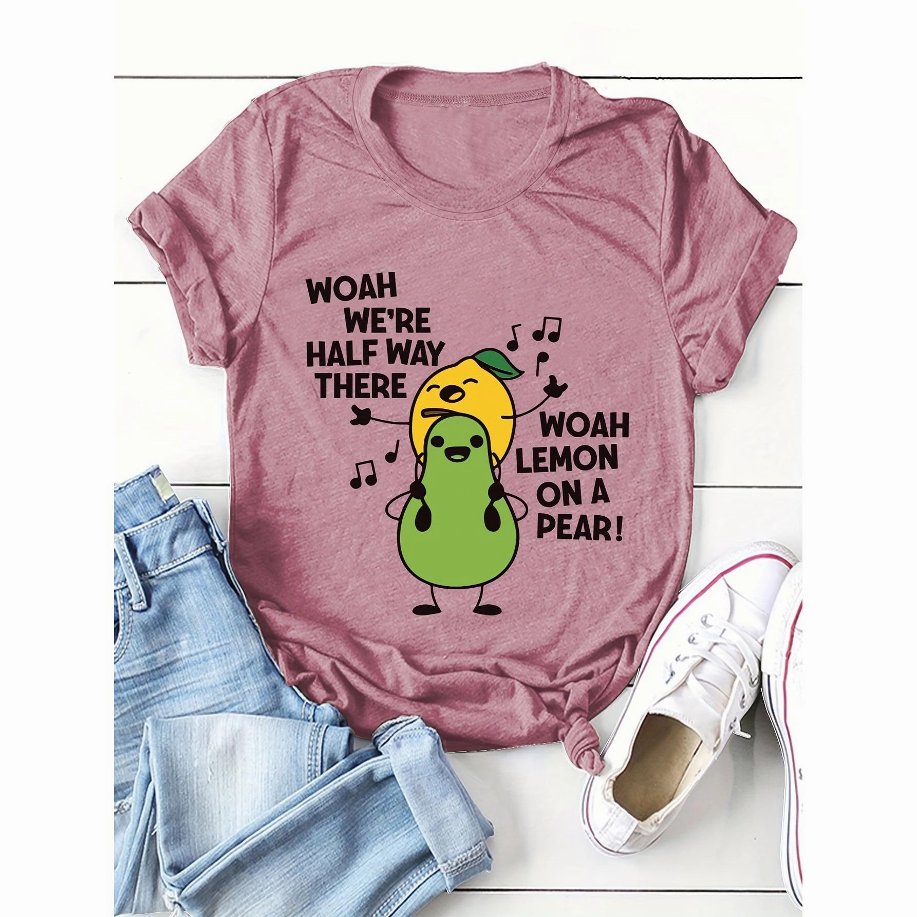 Women's Cartoon Fruit Print T-Shirt - Short Sleeve Fun Top