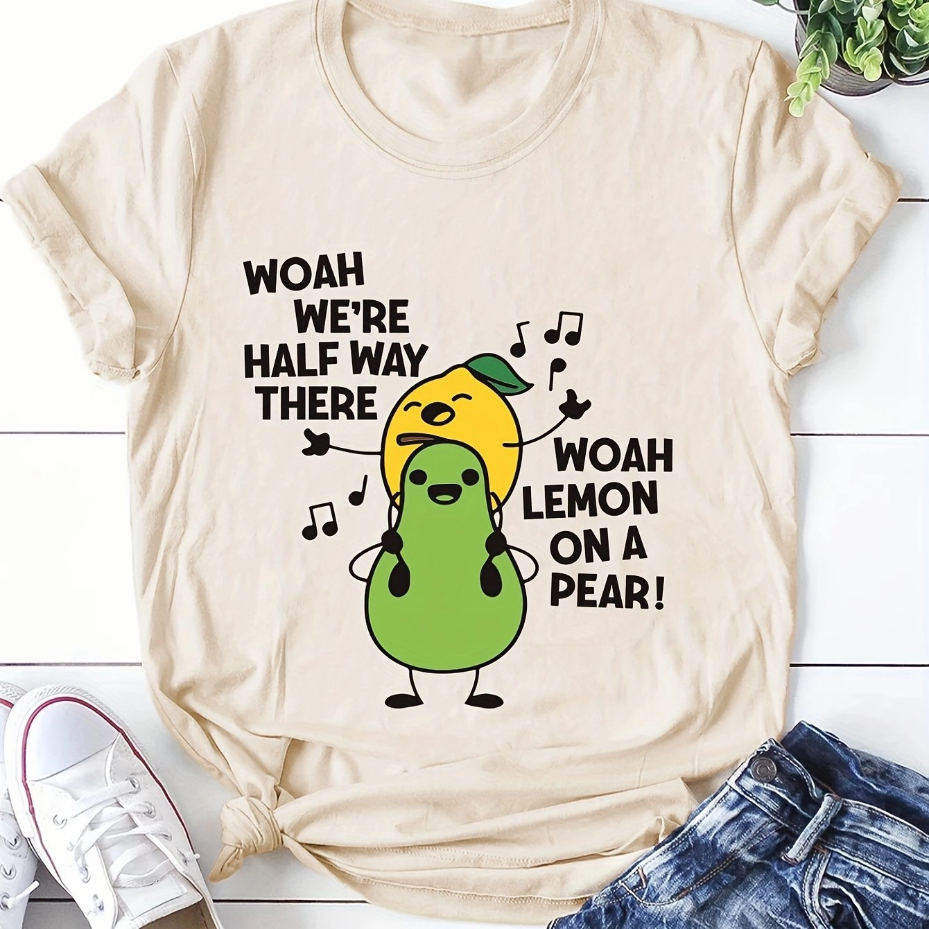 Women's Cartoon Fruit Print T-Shirt - Short Sleeve Fun Top