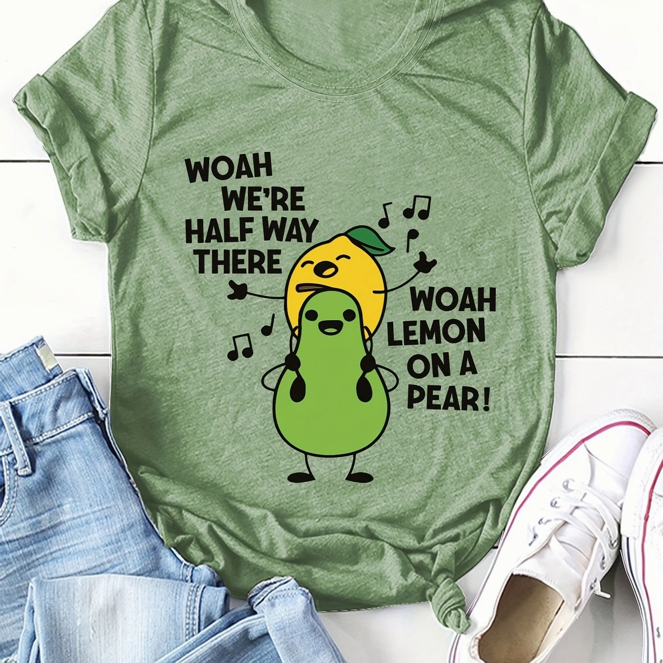Women's Cartoon Fruit Print T-Shirt - Short Sleeve Fun Top