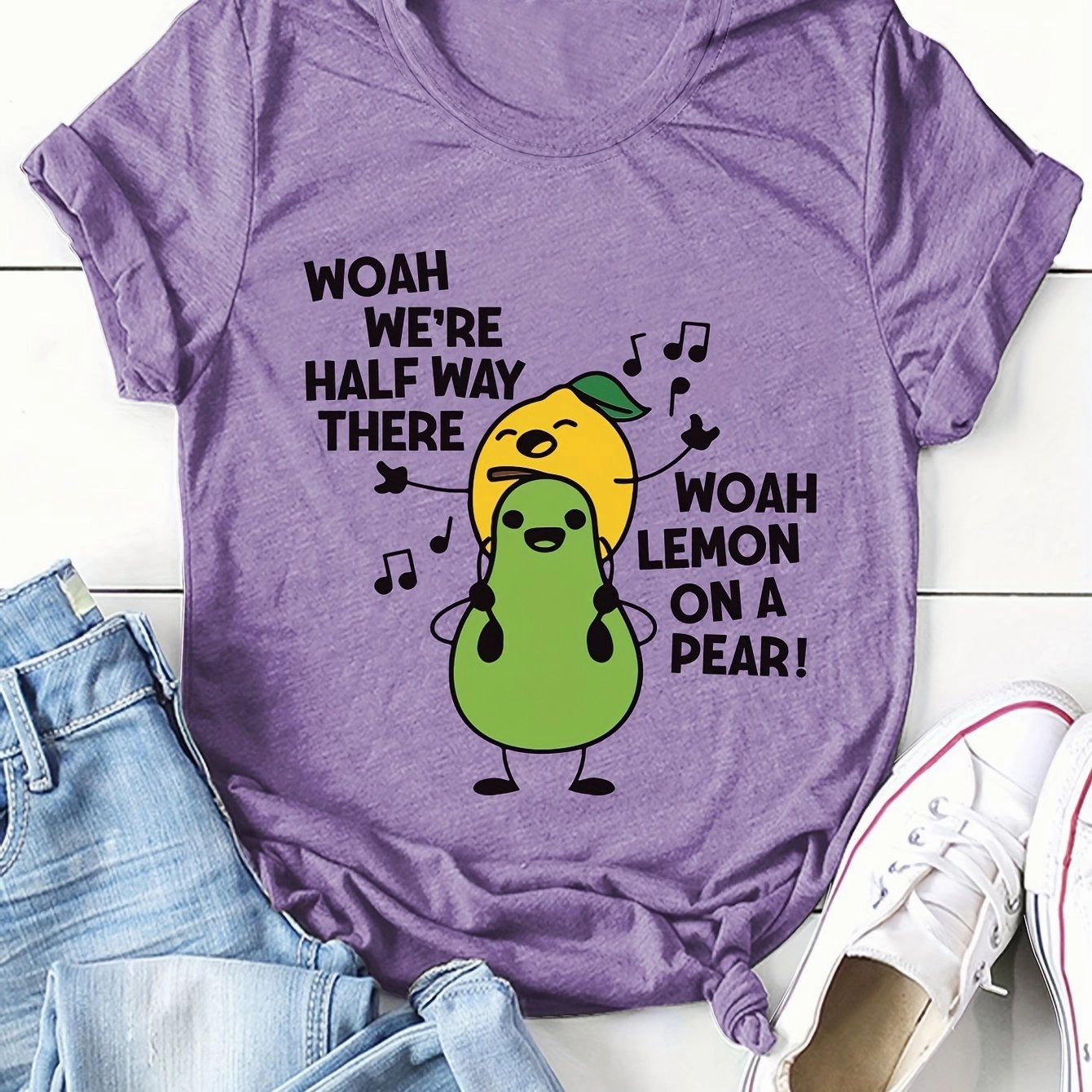 Women's Cartoon Fruit Print T-Shirt - Short Sleeve Fun Top