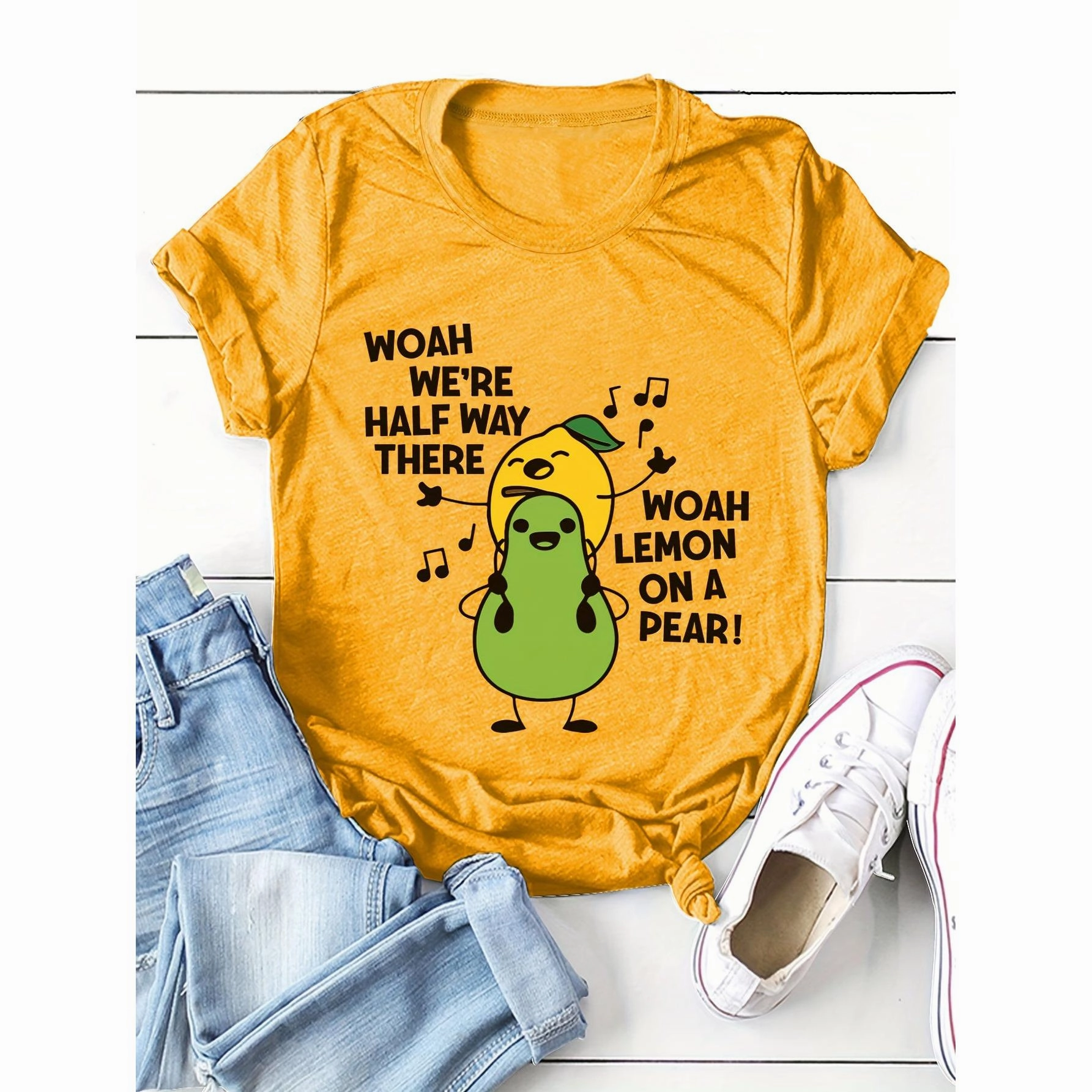 Women's Cartoon Fruit Print T-Shirt - Short Sleeve Fun Top