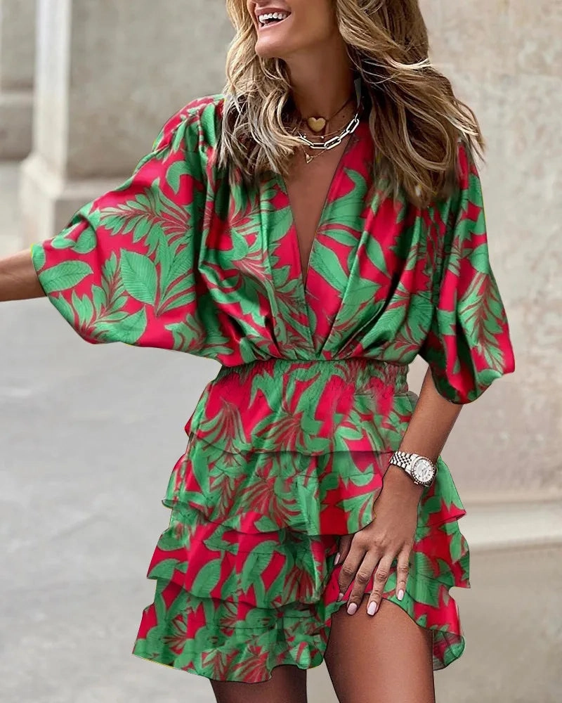 Women's Casual V-Neck Mini Dress with Batwing Sleeves and Ruffle Hem for Summer and Party Occasions