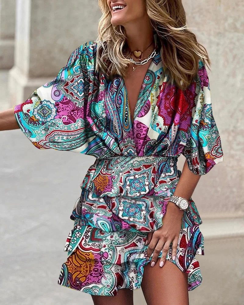Women's Casual V-Neck Mini Dress with Batwing Sleeves and Ruffle Hem for Summer and Party Occasions