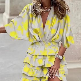 Women's Casual V-Neck Mini Dress with Batwing Sleeves and Ruffle Hem for Summer and Party Occasions