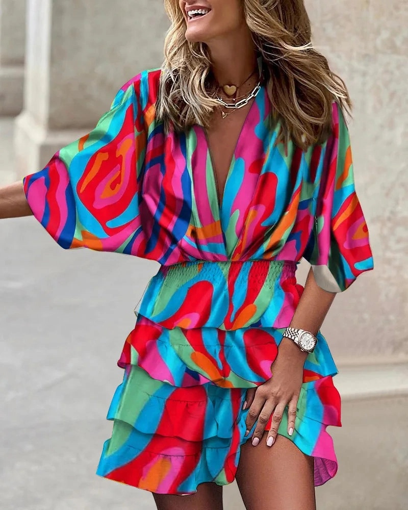Women's Casual V-Neck Mini Dress with Batwing Sleeves and Ruffle Hem for Summer and Party Occasions