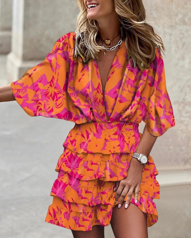 Women's Casual V-Neck Mini Dress with Batwing Sleeves and Ruffle Hem for Summer and Party Occasions