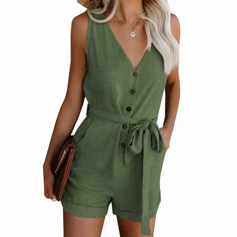 Women's Casual V-neck Monochromatic Jumpsuit with Shorts