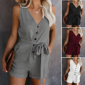 Women's Casual V-neck Monochromatic Jumpsuit with Shorts