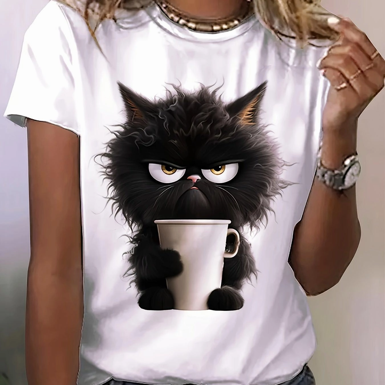 Women's Cat Print T-Shirt - Cute Casual Summer Top