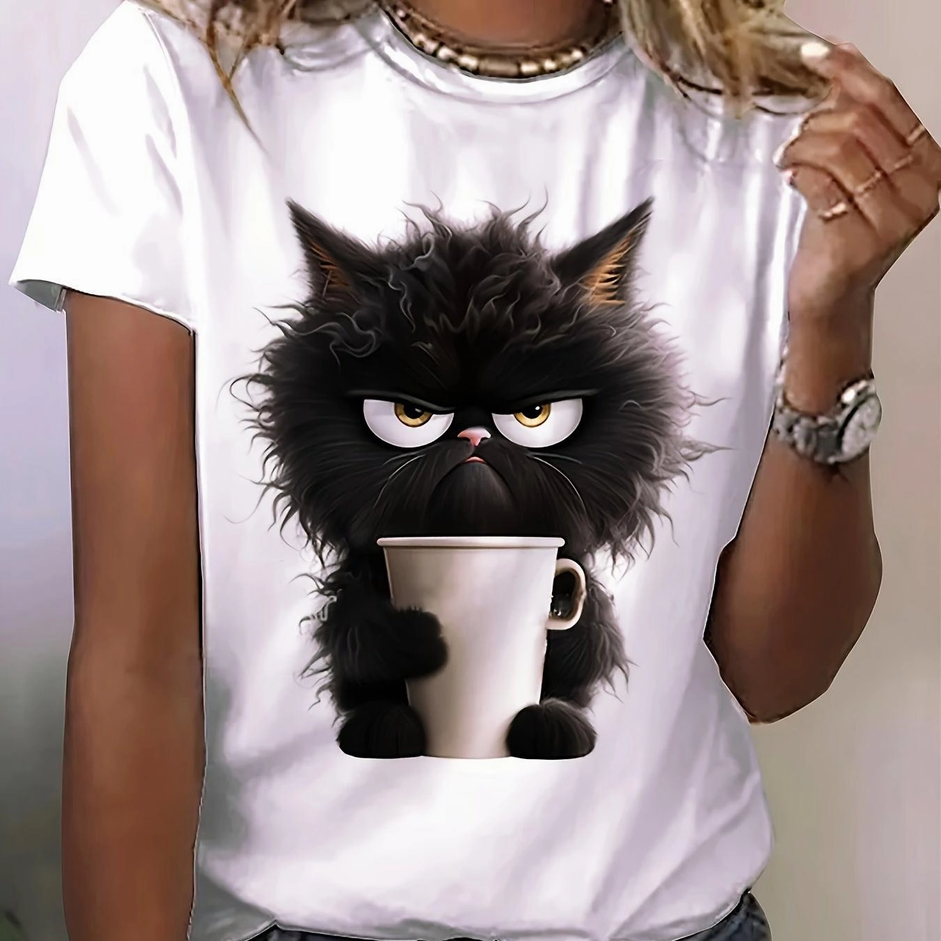 Women's Cat Print T-Shirt - Cute Casual Summer Top