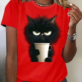 Women's Cat Print T-Shirt - Cute Casual Summer Top