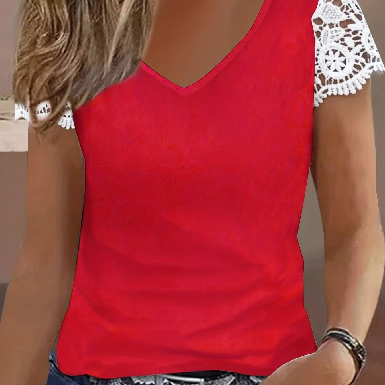Women's Contrast Lace V-Neck T-Shirt - Stylish Summer Top