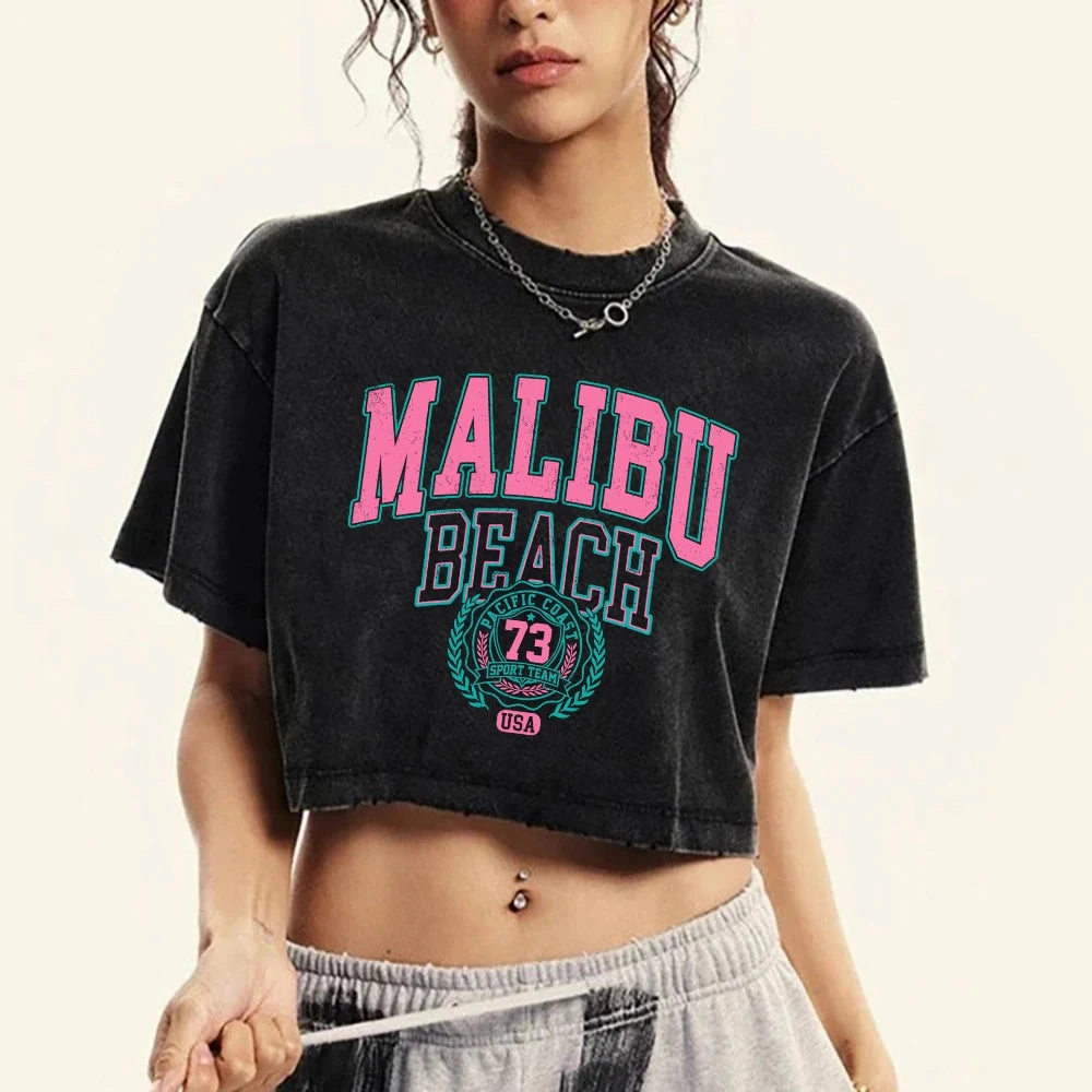 Women??s Cotton Crop T-Shirt with O-Neck Distressed Wash Summer Streetwear Tee for Casual Outings and Beach Days