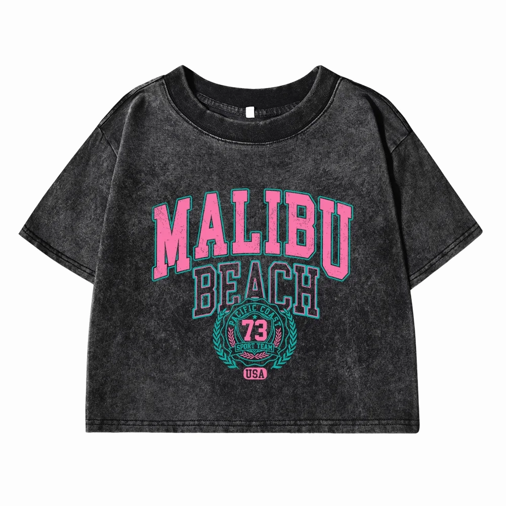 Women??s Cotton Crop T-Shirt with O-Neck Distressed Wash Summer Streetwear Tee for Casual Outings and Beach Days