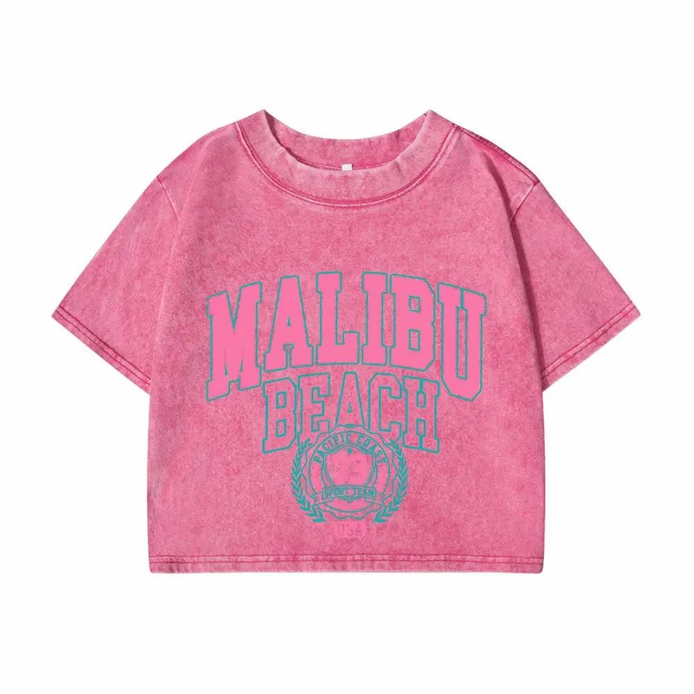 Women??s Cotton Crop T-Shirt with O-Neck Distressed Wash Summer Streetwear Tee for Casual Outings and Beach Days