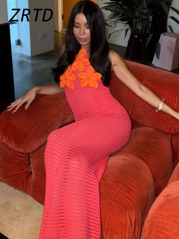 Women??s Crochet Hollow Out Long Halter Dress for Summer Vacation and Beach Wear Ankle-Length Sleeveless Beach Dress for Women