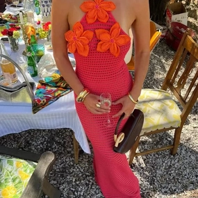 Women??s Crochet Hollow Out Long Halter Dress for Summer Vacation and Beach Wear Ankle-Length Sleeveless Beach Dress for Women