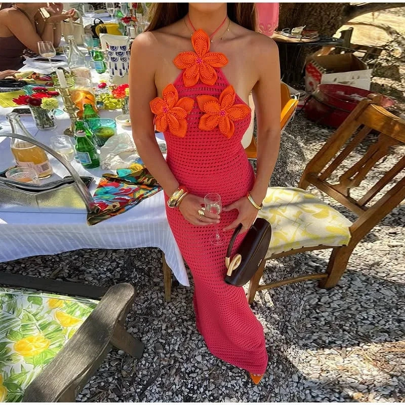 Women??s Crochet Hollow Out Long Halter Dress for Summer Vacation and Beach Wear Ankle-Length Sleeveless Beach Dress for Women