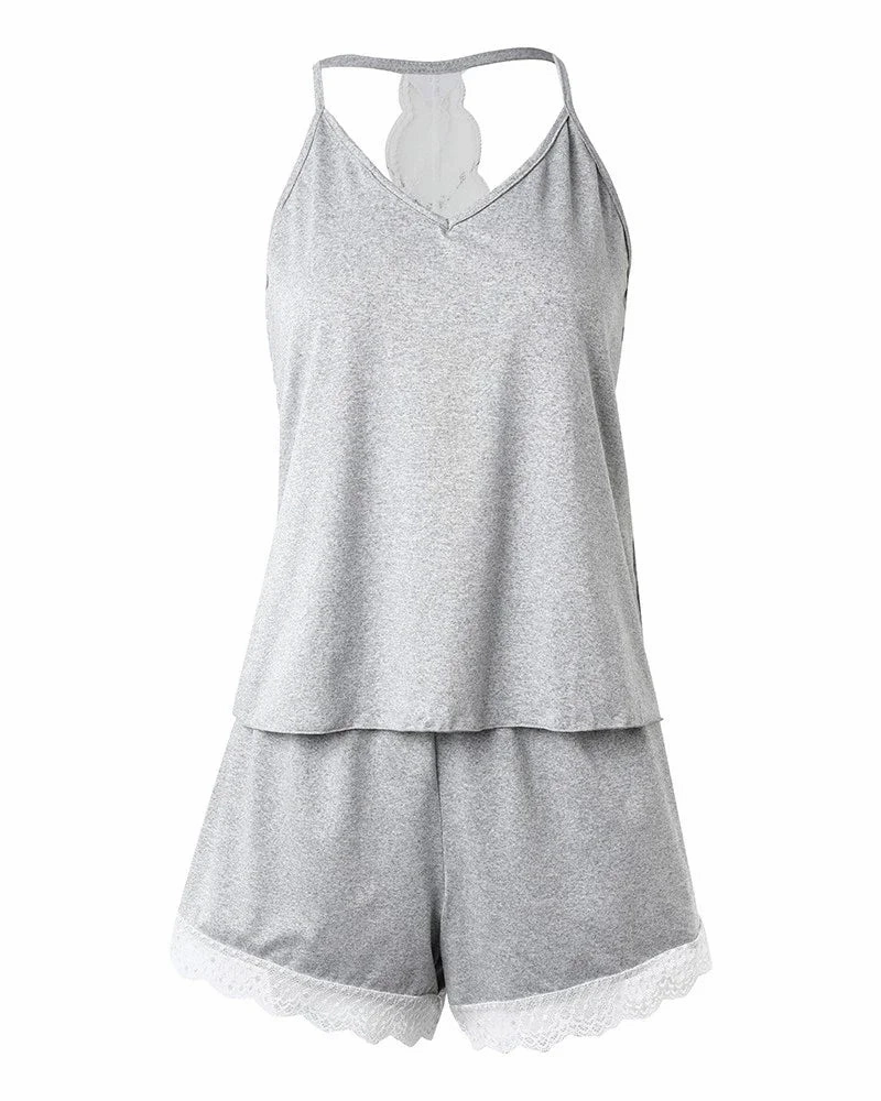 Women's Crochet Lace Pajamas V-Neck Sleeveless Set Casual Summer Sleepwear