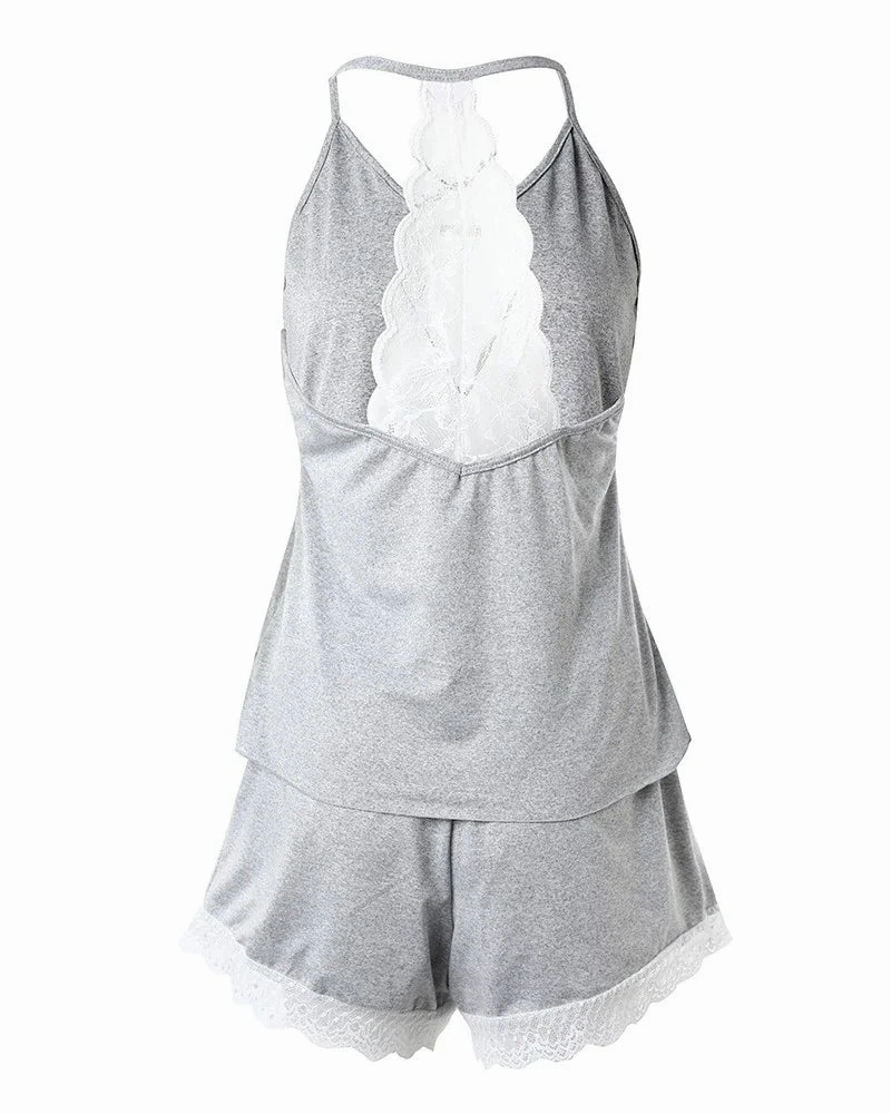Women's Crochet Lace Pajamas V-Neck Sleeveless Set Casual Summer Sleepwear