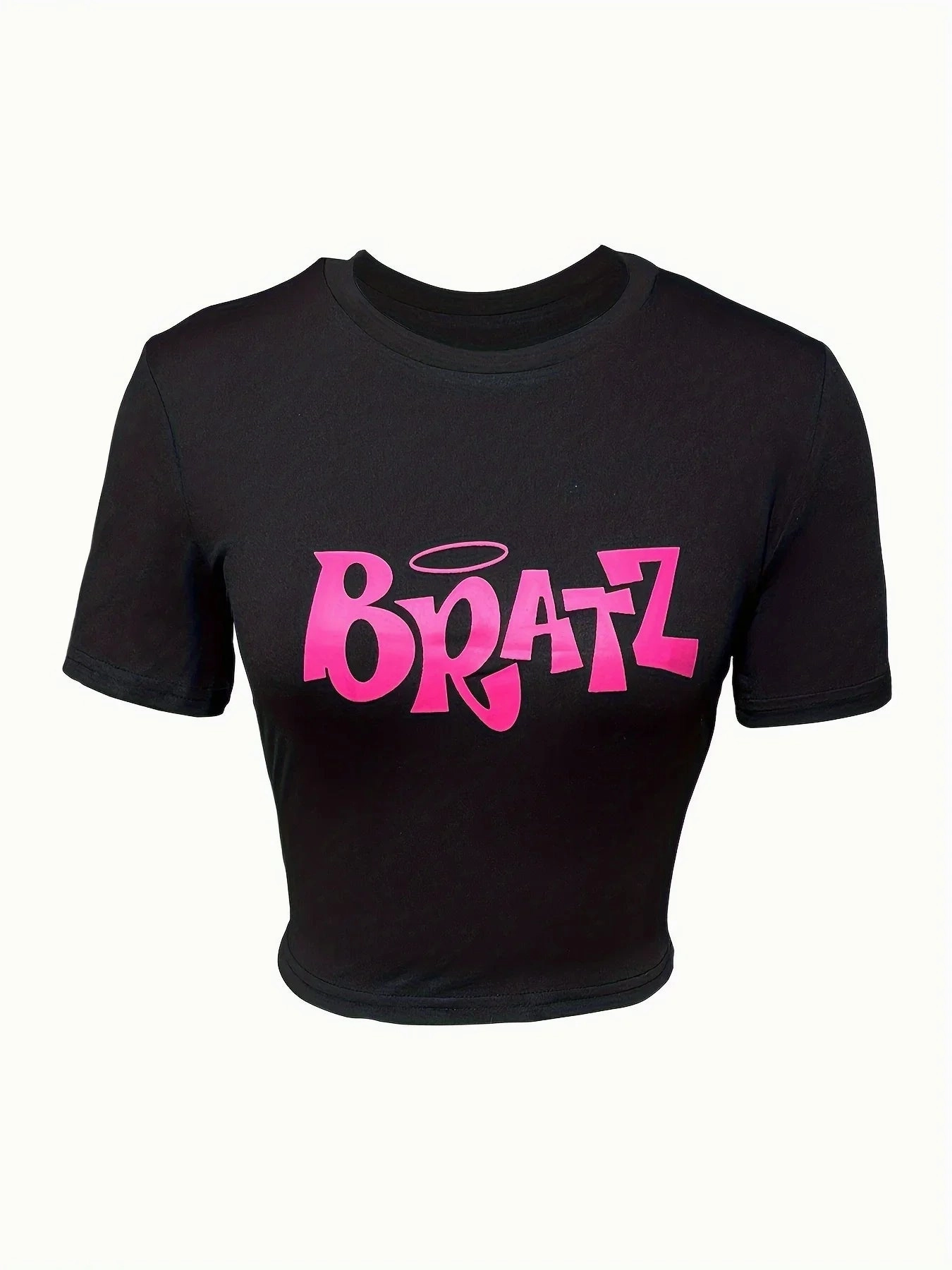 Women's Cut T-Shirt Y2K Pink Bratz Letter Print O-Neck Top