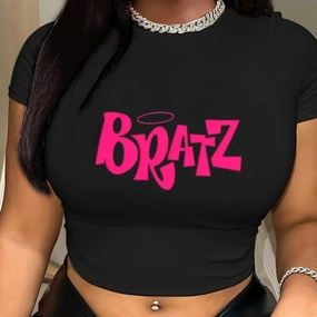 Women's Cut T-Shirt Y2K Pink Bratz Letter Print O-Neck Top