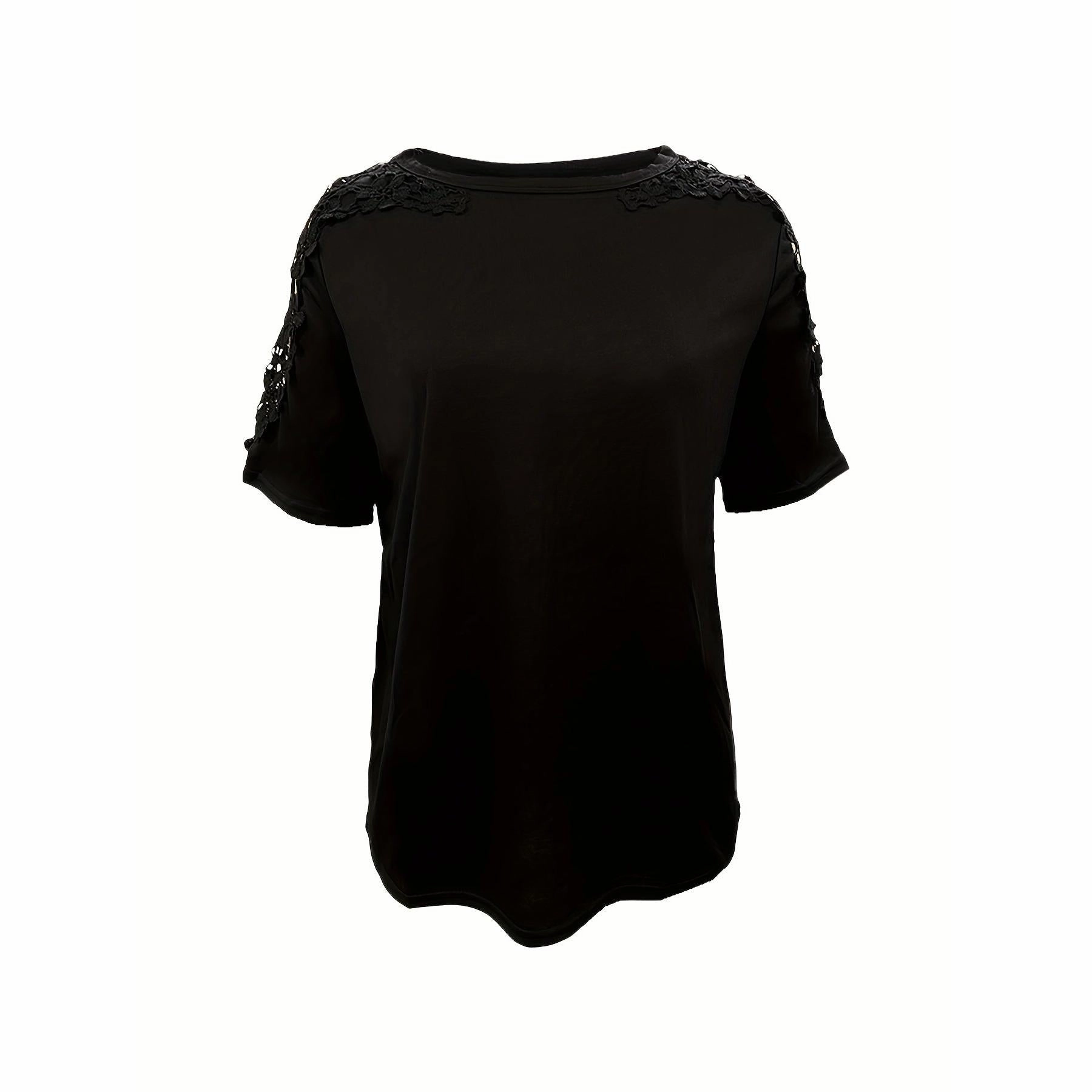 Women's Elegant Lace Crew Neck Short Sleeve T-Shirt - Stylish and Comfortable Top for Spring & Summer