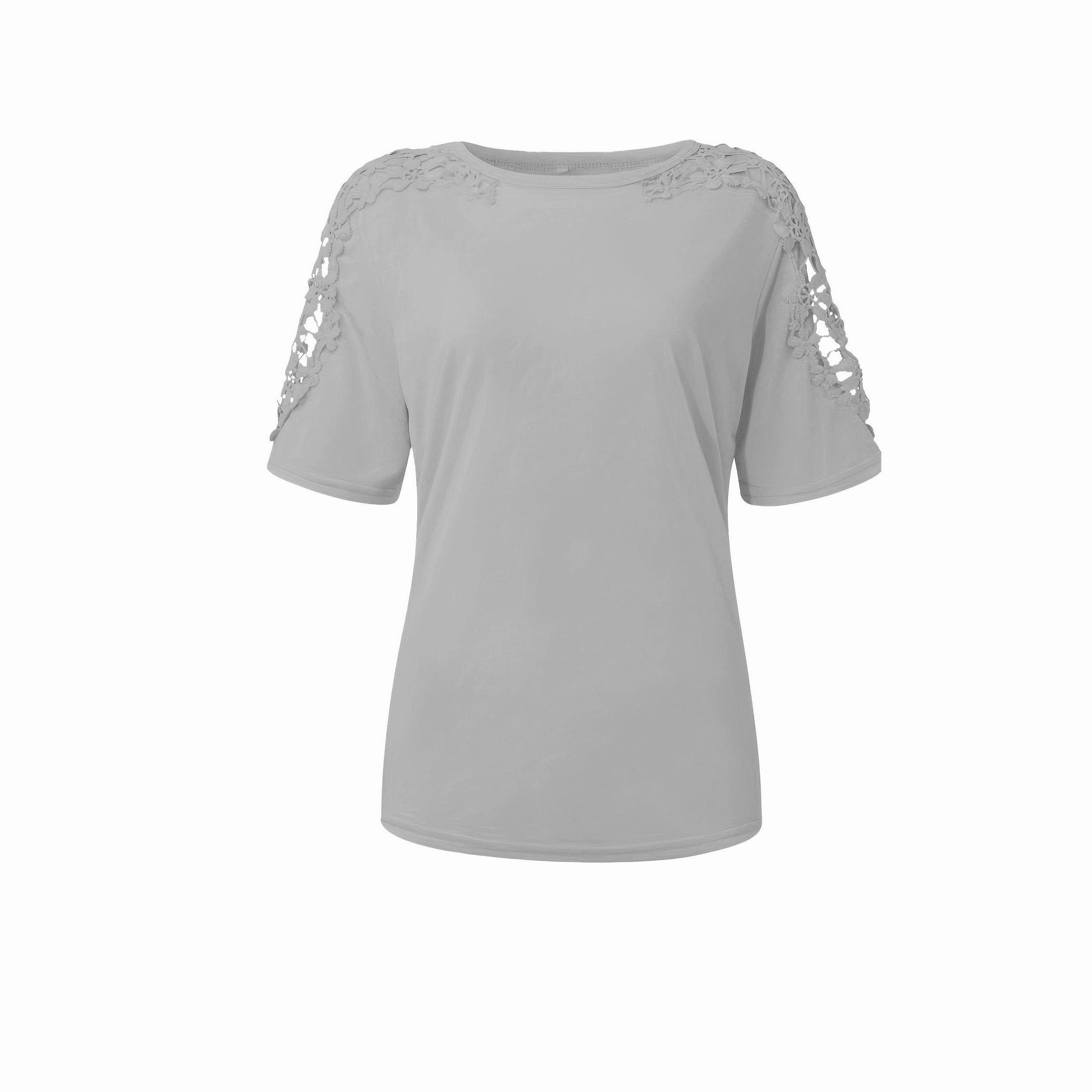 Women's Elegant Lace Crew Neck Short Sleeve T-Shirt - Stylish and Comfortable Top for Spring & Summer