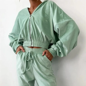 Women's Fall and Winter Zipper Hoodie and Drawstring Tracksuit Set Casual Solid Color Two-Piece Outfit