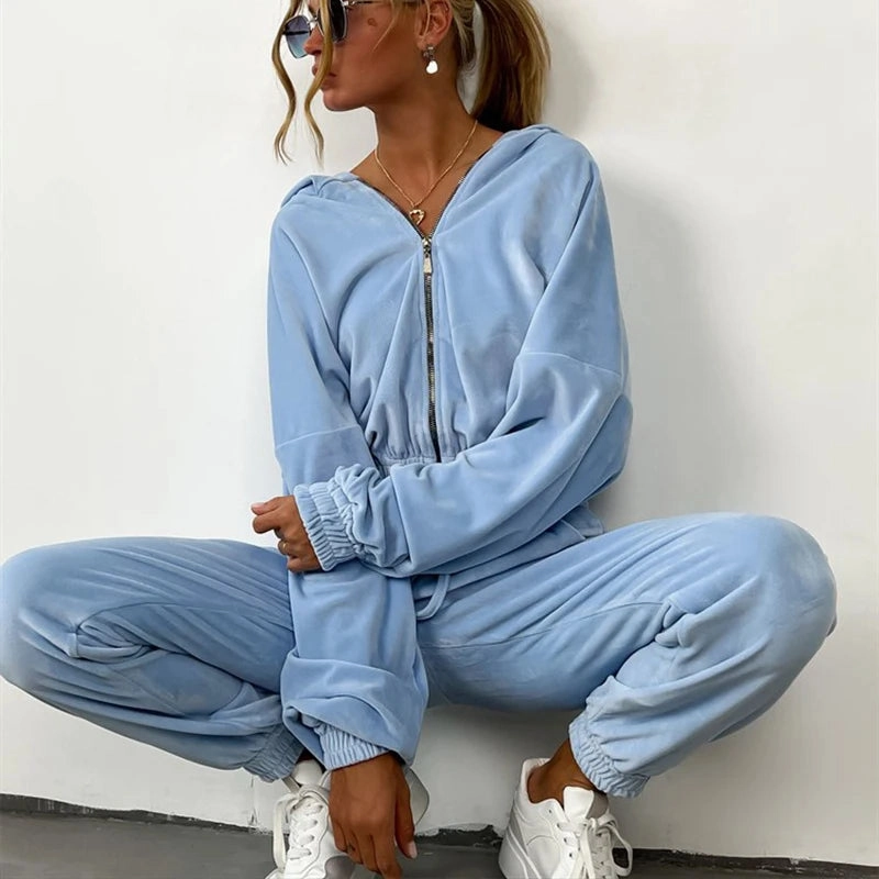 Women's Fall and Winter Zipper Hoodie and Drawstring Tracksuit Set Casual Solid Color Two-Piece Outfit