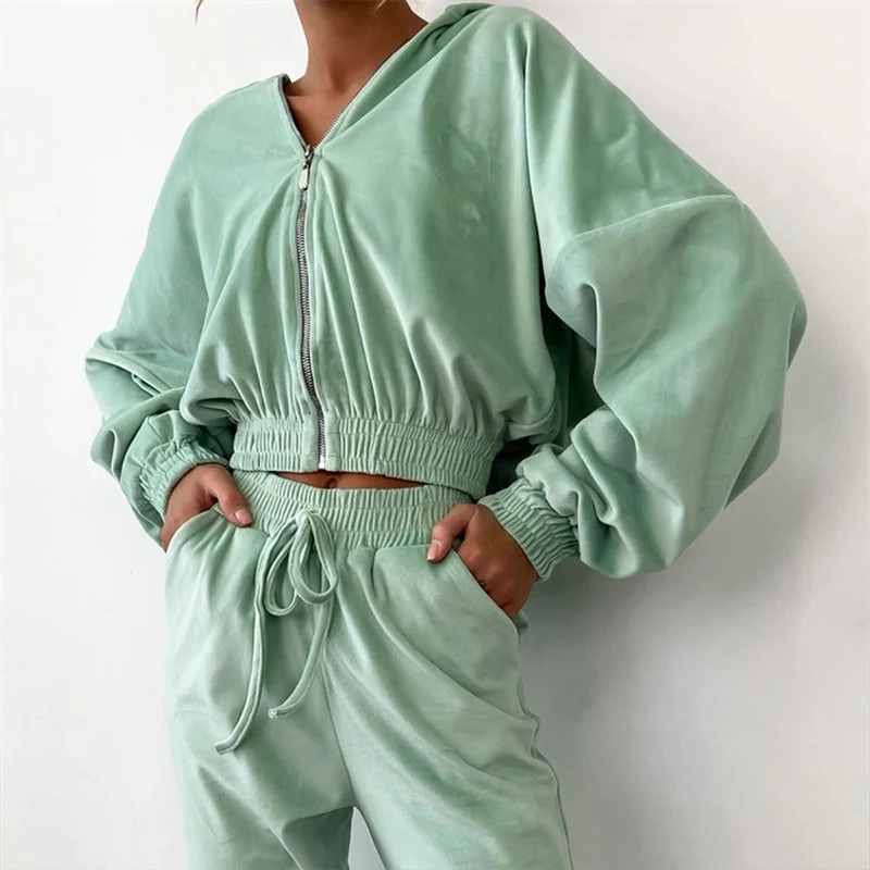 Women's Fall and Winter Zipper Hoodie and Drawstring Tracksuit Set Casual Solid Color Two-Piece Outfit