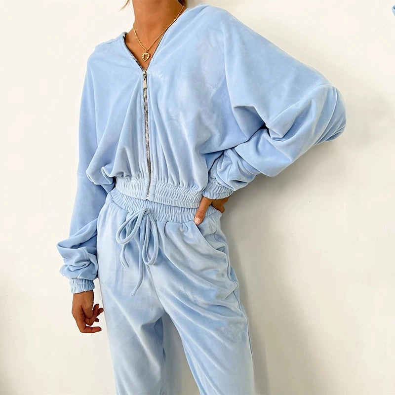 Women's Fall and Winter Zipper Hoodie and Drawstring Tracksuit Set Casual Solid Color Two-Piece Outfit