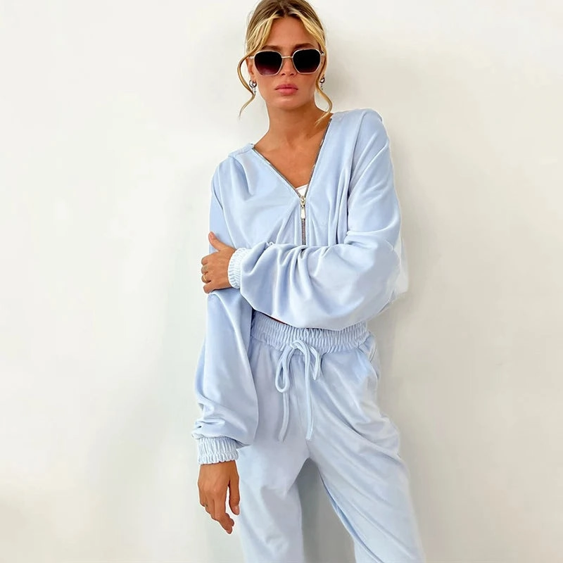 Women's Fall and Winter Zipper Hoodie and Drawstring Tracksuit Set Casual Solid Color Two-Piece Outfit