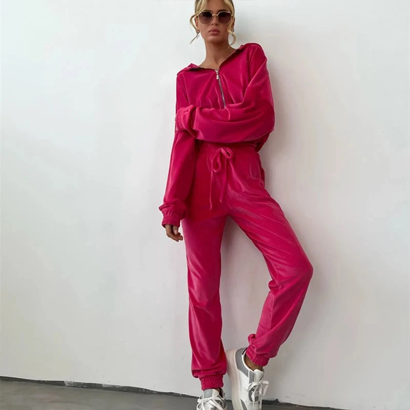 Women's Fall and Winter Zipper Hoodie and Drawstring Tracksuit Set Casual Solid Color Two-Piece Outfit
