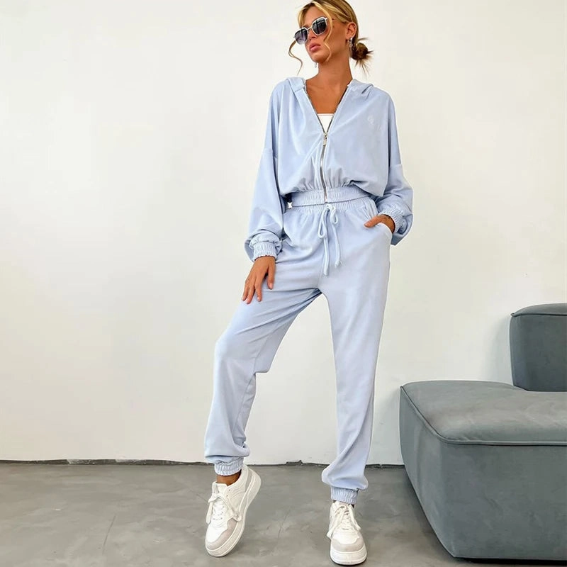 Women's Fall and Winter Zipper Hoodie and Drawstring Tracksuit Set Casual Solid Color Two-Piece Outfit